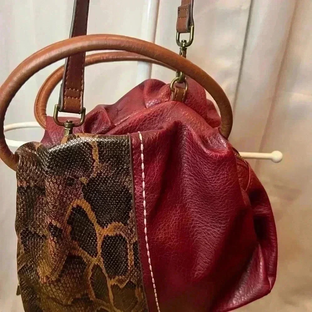 Snake Print Vegan Leather Handbag Burgundy - Picture 10 of 12